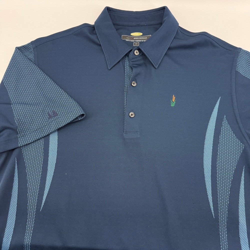 Greg Norman Play Dry Performance Golf Polo Shirt‎ Mens Size M Navy Blue Graphic